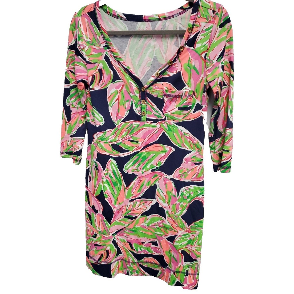 Lilly Pulitzer Palmetto Dress Navy Blue "In The Vias' Size XS gold buttons EUC